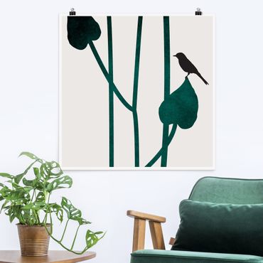 Poster - Mondo vegetale grafico - Uccellino su una foglia - Quadrato 1:1