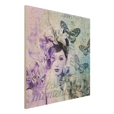 Stampa su legno - Shabby Chic Collage - Ritratto Con Le Farfalle - Quadrato 1:1