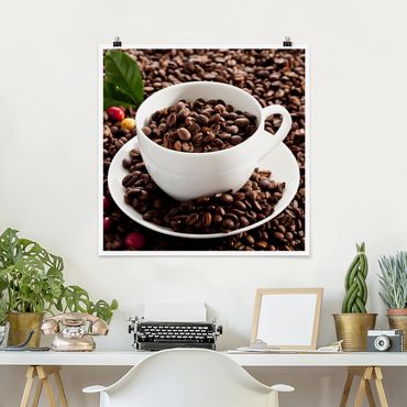 Poster - Fagioli della tazza di caffè con caffè tostato - Quadrato 1:1