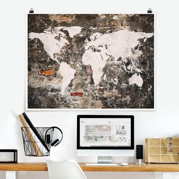 Poster - Vecchio Muro Mappa del mondo - Orizzontale 3:4