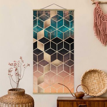 Quadro su tessuto con stecche per poster - Elisabeth Fredriksson - Turchese Rosa d'Oro Geometria - Verticale 2:1