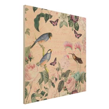 Stampa su legno - Vintage Collage - rose e uccelli - Quadrato 1:1