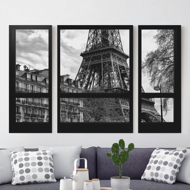 Stampa su tela 3 parti - Window View Paris - Close To The Eiffel Tower In Black And White - Trittico