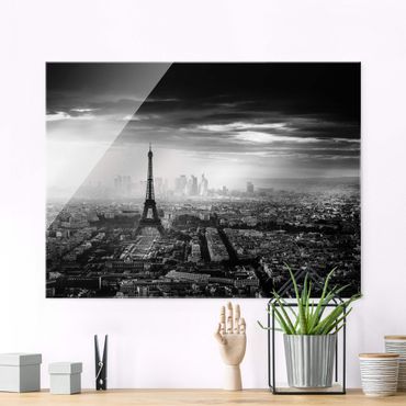 Quadro in vetro - La Torre Eiffel From Above Bianco e nero - Large 3:4