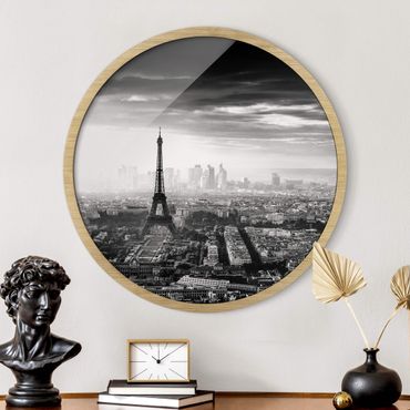 Quadro rotondo incorniciato - La torre Eiffel dall'alto in bianco e nero