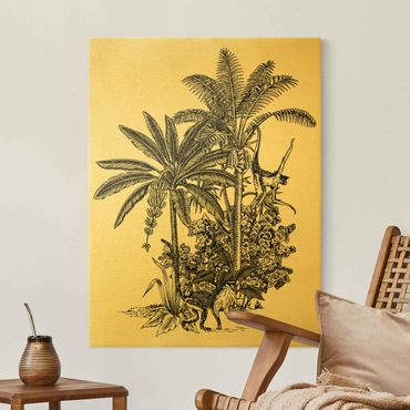 Quadro su tela oro - Illustrazione vintage - Scimmie e palme