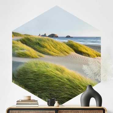 Carta da parati esagonale adesiva con disegni - Dune e cespugli al mare