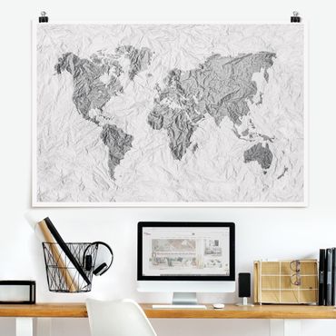 Poster - Paper World Map Bianco Grigio - Orizzontale 2:3