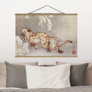 Foto su tessuto da parete con bastone - Katsushika Hokusai - Tiger in tempesta di neve - Orizzontale 2:3