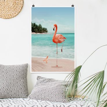 Poster - Jonas Loose - Spiaggia Con Flamingo - Verticale 3:2