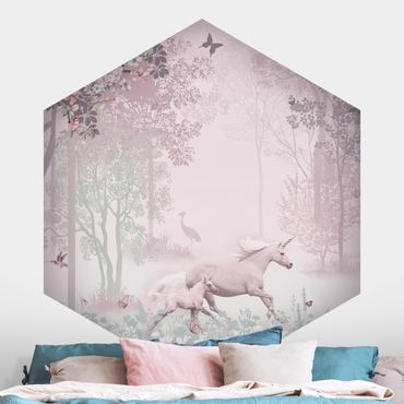 Fotomurale esagonale autoadesivo - Unicorno su prato fiorito in rosa