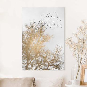 Stampa su tela - Stormo di uccelli davanti ad un albero dorato - Verticale 3:2