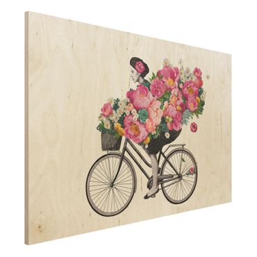 Stampa su legno - Illustrazione Donna in bicicletta Collage fiori variopinti - Orizzontale 2:3