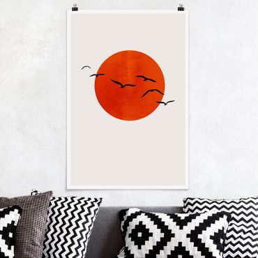 Poster - Stormo di uccelli davanti al sole rosso - Verticale 3:2