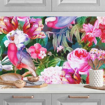 Rivestimento cucina - Tropicali variopinti fiori con uccelli rosa