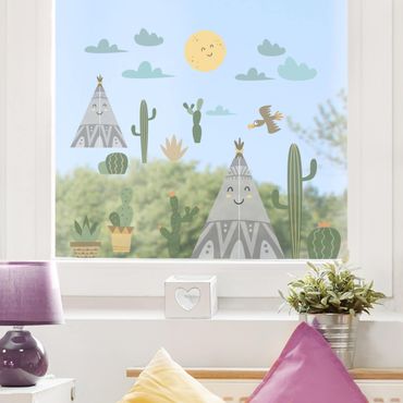 Adesivi da finestra bambini - Cactus e tende indiane