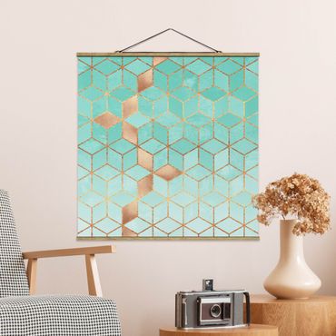 Quadro su tessuto con stecche per poster - Elisabeth Fredriksson - Turchese Bianco d'oro Geometria - Quadrato 1:1