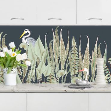 Rivestimento cucina - Fenicottero e cicogna con piante su sfondo verde