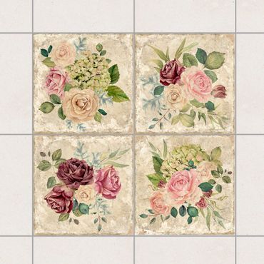 Adesivo per piastrelle - Vintage roses and hydrangeas 10cm x 10cm