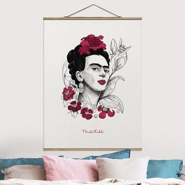 Foto su tessuto da parete con bastone - Ritratto di Frida Kahlo con fiori - Formato verticale 3:4