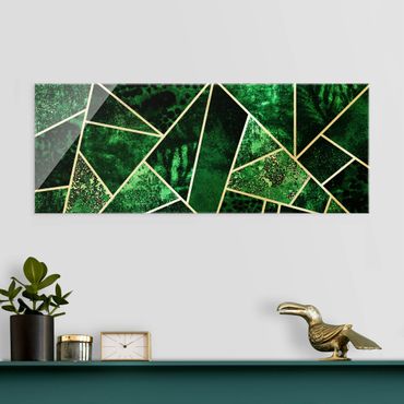 Quadro in vetro - Geometria dorata - Smeraldo scuro - Panorama