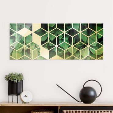 Quadro in vetro - Geometria dorata - Foglie verdi - Panorama