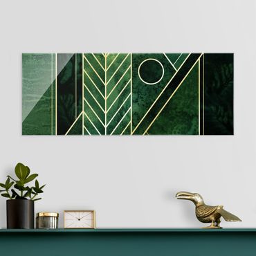 Quadro in vetro - Geometria dorata - Smeraldo - Panorama