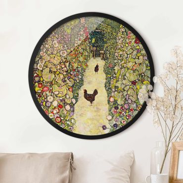 Quadro rotondo incorniciato - Gustav Klimt - Giardino con galline