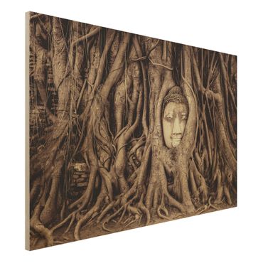 Quadro in legno - Buddha in Ayutthaya lined by tree roots in black-and-white - Orizzontale 3:2