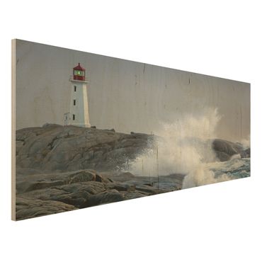 Quadro in legno - Storm Waves At The Lighthouse - Panoramico