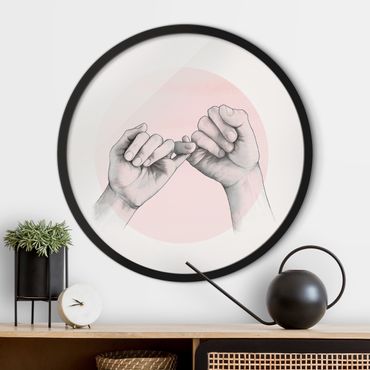 Quadro rotondo incorniciato - Illustrazione di amicizia con mani su cerchio rosa e su bianco