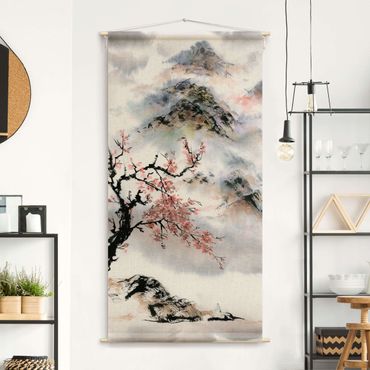 Arazzo da parete - Disegno giapponese in acquerello di ciliegio e montagne