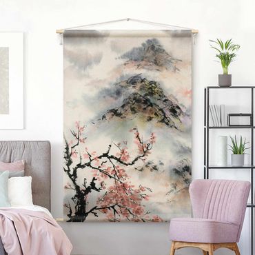 Arazzo da parete - Disegno giapponese in acquerello di ciliegio e montagne
