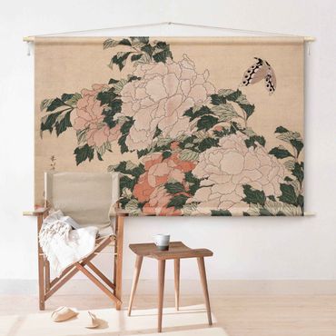 Arazzo da parete - Katsushika Hokusai - Peonie rosa con farfalle