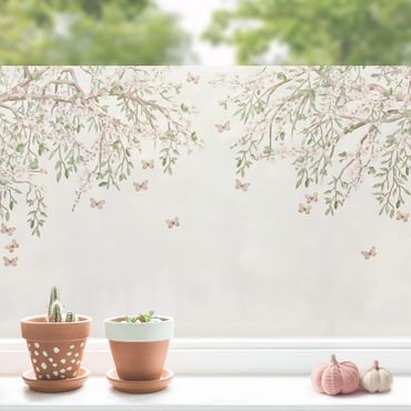 Decorazione per finestre - Fiori di ciliegio nel gioco d'ali delle farfalle