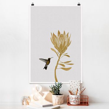 Poster - Colibrì e fiore tropicale dorato