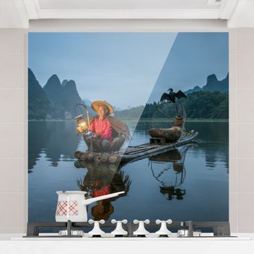 Paraschizzi in vetro - Pescatore di cormorani al crepuscolo - Quadrato 1:1