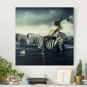 Stampa su tela - Woman Posing With Zebras - Quadrato 1:1