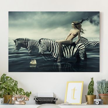 Stampa su tela - Woman Posing With Zebras - Orizzontale 3:2