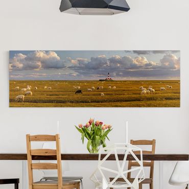 Stampa su tela - North Sea Lighthouse With Sheep Herd - Panoramico
