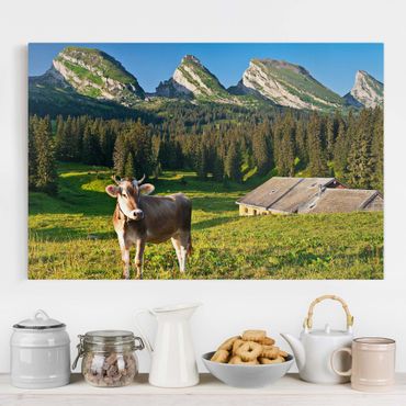 Stampa su tela - Swiss Alpine meadow with cow - Orizzontale 3:2