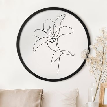 Quadro rotondo incorniciato - Line Art fiore in bianco e nero