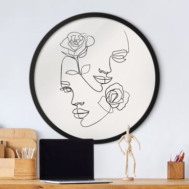 Quadro rotondo incorniciato - Line Art volti femminili e rose in bianco e nero