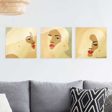 Quadro in vetro - Line Art ritratto di donne in pastello set - 3 parti
