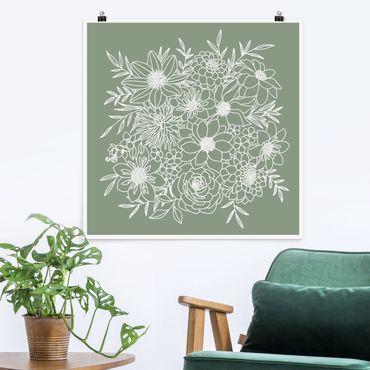Poster riproduzione - Line art fiori in verde - 1:1