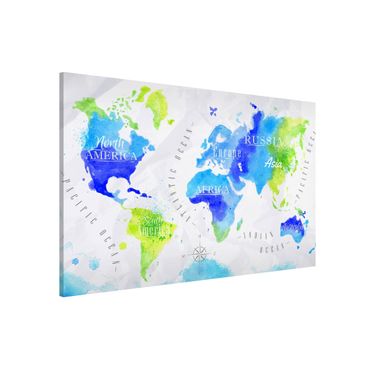 Lavagna magnetica - World Map Watercolor Blue Green - Formato orizzontale 3:2