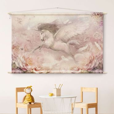 Arazzo da parete - Unicorno Pegaso con rose