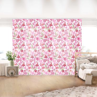 Tenda scorrevole set - Fiori rosa con farfalle - Pannello