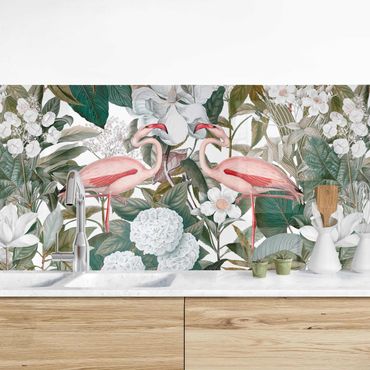 Rivestimento cucina - Fenicotteri rosa con foglie e fiori bianchi