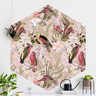 Carta da parati esagonale adesiva con disegni - Uccelli rosa pastello con fiori
